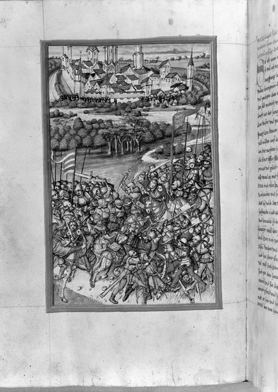 HB V 52 fol. 70v Illustration of the Battle of Lechfeld, from the Augsburg Chronicle by Sigismund Meisterlin